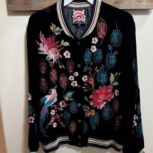 Johnny Was Large Black Velvet Jacket with Vibrant Embroidery
